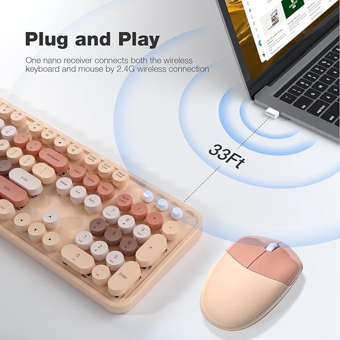 Wireless Keyboard and Mouse Combo, MOWUX Colorful Computer Full Size 2.4G Plug and Play Wireless Typewriter Keyboard and Mouse Set for Windows, Computer, Desktop, PC, Notebook (Milk Tea Colorful)