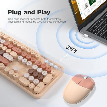 Wireless Keyboard and Mouse Combo, MOWUX Colorful Computer Full Size 2.4G Plug and Play Wireless Typewriter Keyboard and Mouse Set for Windows, Computer, Desktop, PC, Notebook (Milk Tea Colorful)