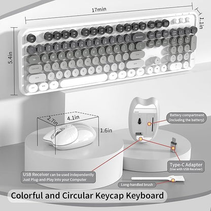 Creamy Wireless Keyboard and Mouse, MOFII 104 Round Keycaps Retro Typewriter with OTG & Brush, Full-Size Ergonomic, Ideal for Windows PC, Home, Office and College Gray White