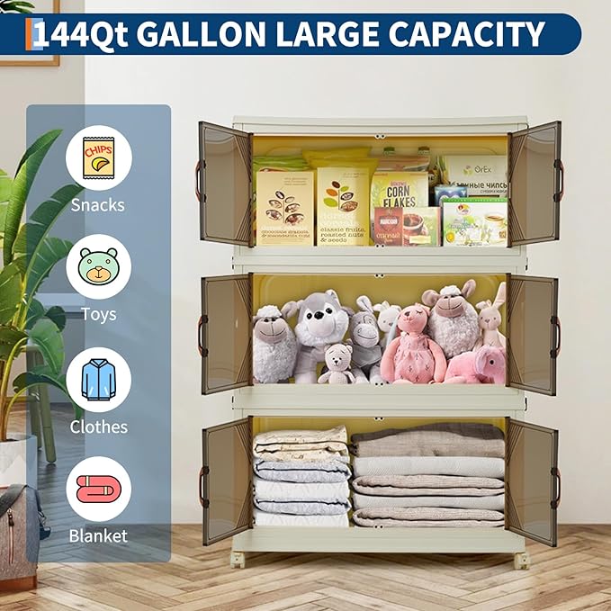 Garvee 144QT Stackable Storage Bins, Plastic Bins for Storage with Lids, Plastic Storages Drawers with Magnetic Doors & Wheels, Foldable Collapsible Closet Organizers for Home, Dorm, Office, White