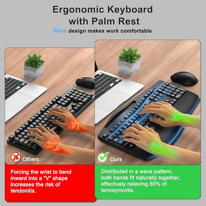 Wireless Keyboard and Mouse Combo, 2.4G Full Size Wave Keys Ergonomic Keyboard with Wrist Rest, Phone Holder, 3-Level DPI Wireless Silent Mouse with 6-Buttons, for Windows, Mac OS, Laptop, PC (Black)