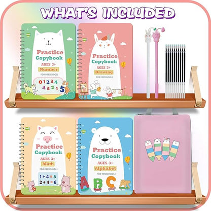 Upgraded Large Size Magic Practice Copybook for Kids, Reusable Writing Practice Book, Preschool Copybook (4 Books with Pens) - Pink Bag