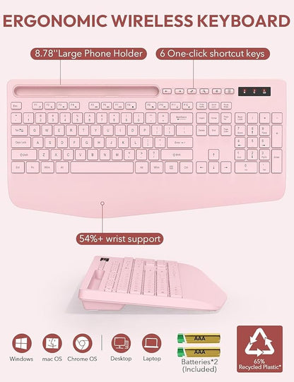 SABLUTE Wireless Keyboard and Mouse, Wrist Rest, Phone Holder, Batteries Included, 2.4G Lag-Free Ergonomic Keyboards Mouse Combo, Silent Keyboard Cordless Set for Computer, Laptop, PC, Windows, Pink