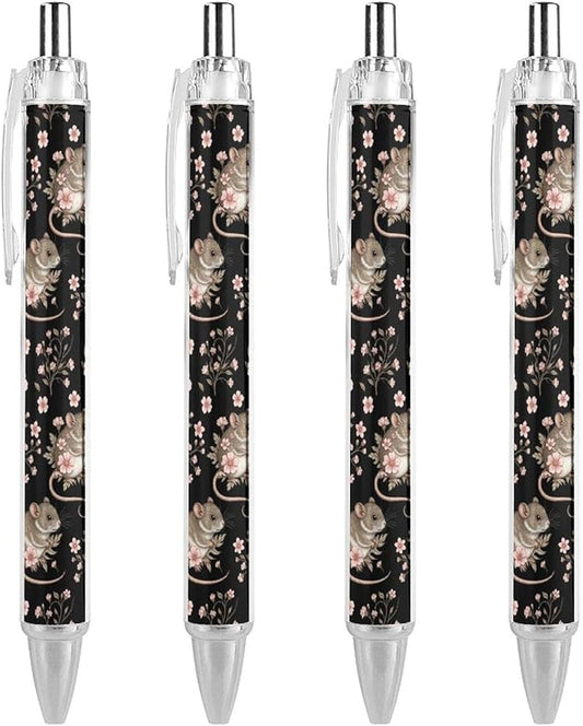 0.5mm Ballpoint for Unisex, Retractable Mouse Flowers Floral Ball Pen, Fine Point Smooth Writing Pen Office Supplies, 4 Pcs