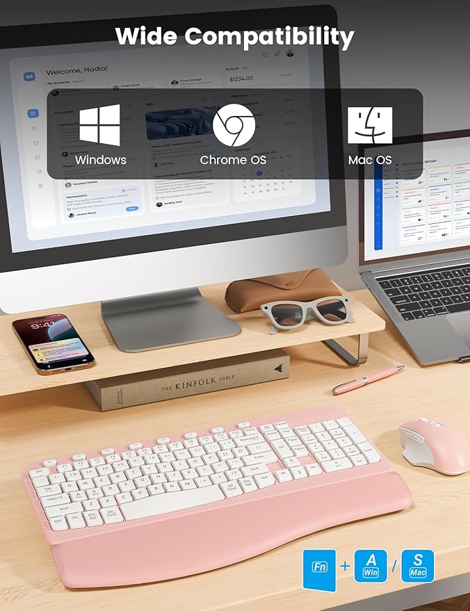 SABLUTE Wireless Keyboard and Mouse Combo, Ergonomic Wave Keys, Cushioned Plam Rest, Comfortable Silent Natural Typing, 2.4G Lag-Free, Full Size Keyboards Cordless Set for Multi-OS, Windows/Mac, Pink