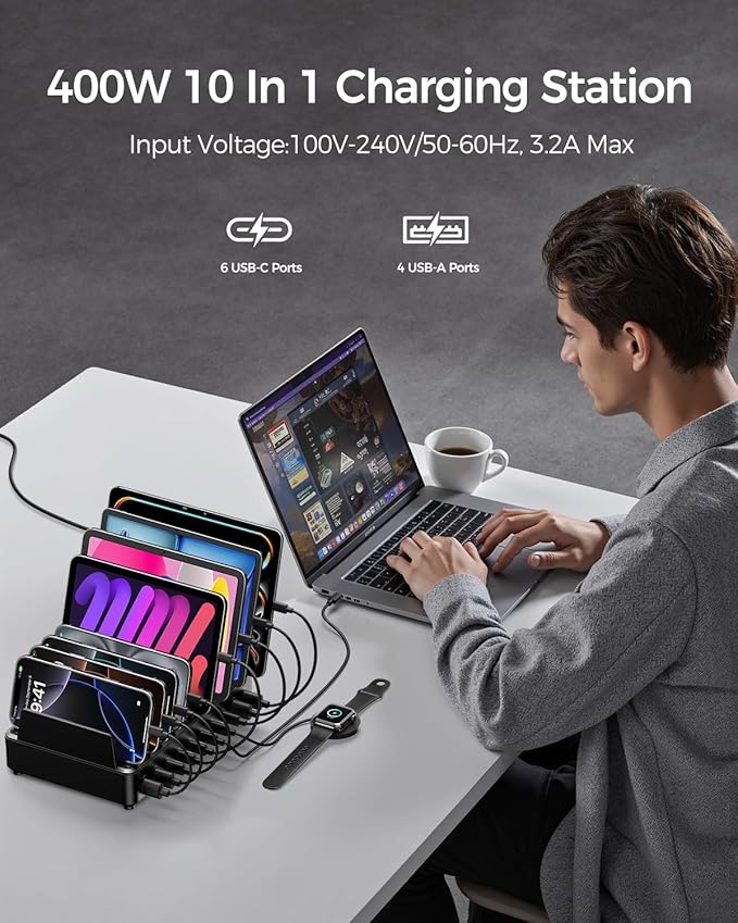 400W Charging Station for Multiple Devices, 10 Port Double PD 100W USB C Charging Station with 6 Cables, Multi-Device Organizer Fast Charging Dock for MacBook, iPad, iPhone, Cell Phone, Tablet