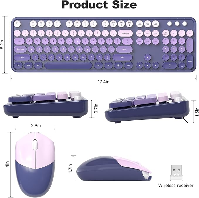 MOFII Wireless Keyboard and Mouse Combo, Full Size 2.4G Plug and Play Typewriter Retro Round Computer Keyboard and Mouse Set for Windows, Computer, Desktop, PC, Notebook - (Purple Gradient)