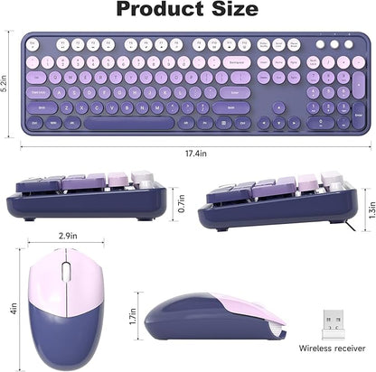 MOFII Wireless Keyboard and Mouse Combo, Full Size 2.4G Plug and Play Typewriter Retro Round Computer Keyboard and Mouse Set for Windows, Computer, Desktop, PC, Notebook - (Purple Gradient)