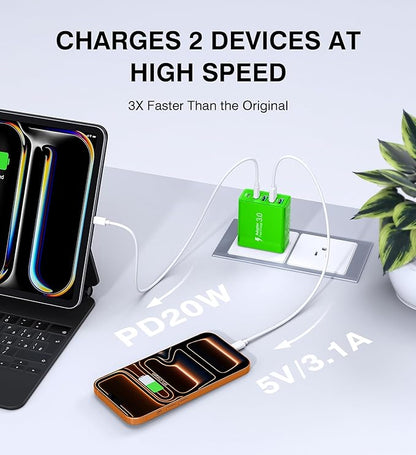 USB C Wall Charger, 60W USB C Charger Block 5-Port PD Fast Charging Blocks,USB A Multiport Plug Brick Cube,Dual Type C Power Adapter for iPhone 17/16/15/14/13/Pro,iPad,Samsung,for Switch（Green 2-Pack）