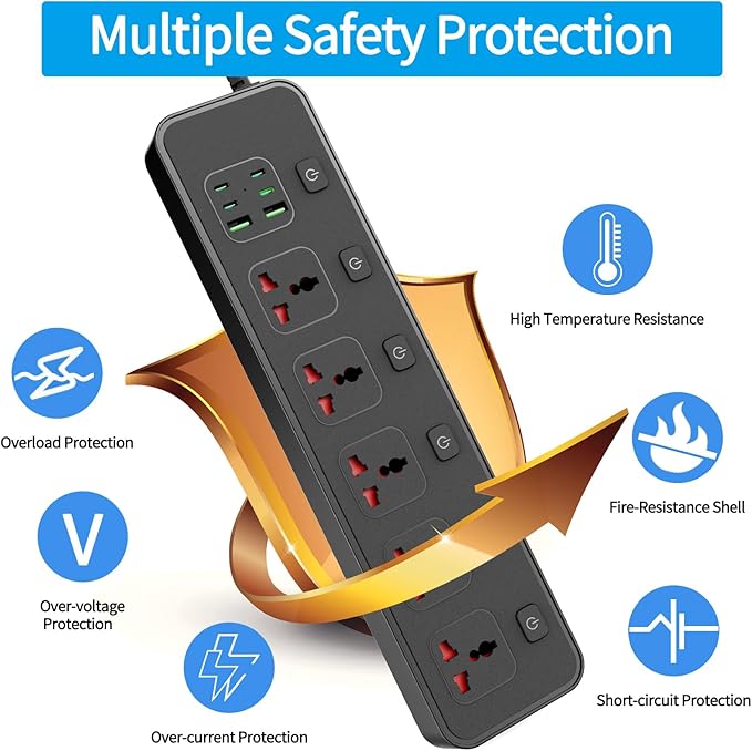 Flat Plug Power Strip with Individual Swtich, Jumpso 6ft Universal Extension Cord with 5 Outlets and 2 USB 4 USB C Ports, Max 3000w, 110-240v, Multiple Outlets Plug Adapter for Office Travel