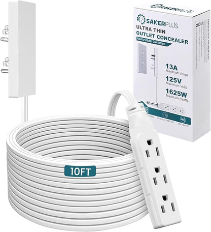 Outlet Concealer Power Strip-Outlet Cover Extender with 3AC Outlets-10ft Flat Plug Extension Cord,Universal Size,1625W for Kitchen, Home and Office,Child & Pet Safe(10 Foot)