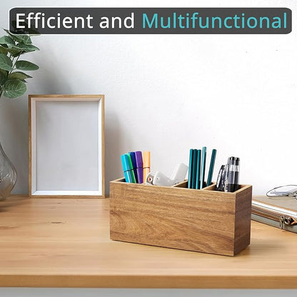 Bivvclaz Pencil Pen Holder for Desk, Acacia Wood Office Desk Organizers and Accessories with 4 Slots for Countertop, Makeup Brush Holder Organizer for Bathroom Vanity, Silverware Caddy for Party