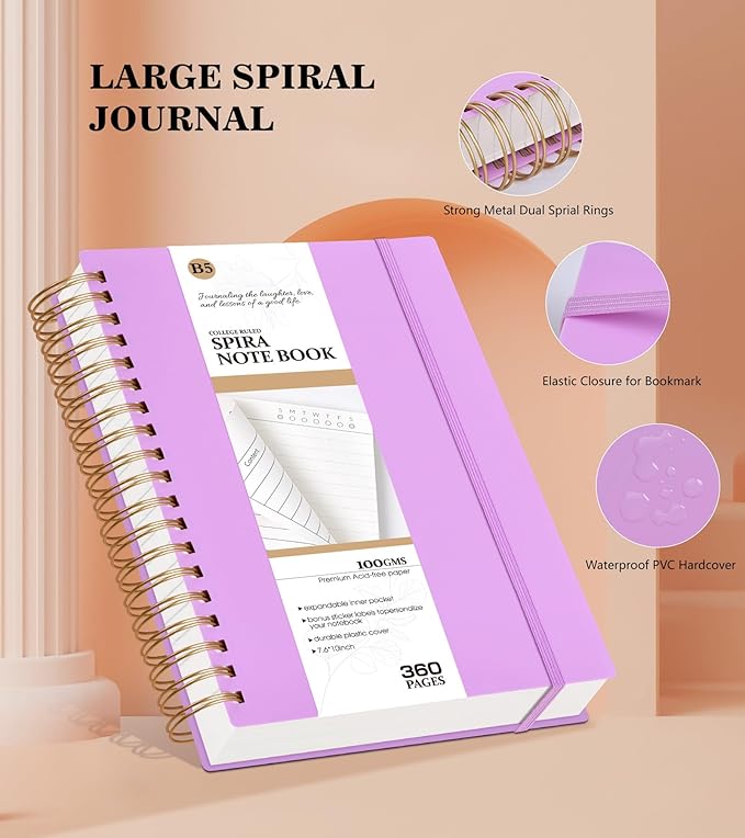 Spiral Notebook Journal College Ruled, 360 Pages Lined Thick Journals for Women Men, B5 Big Notebooks with 100GSM Paper, Spiral Bound Journaling for Writing Work School Purple 7.6"×10"