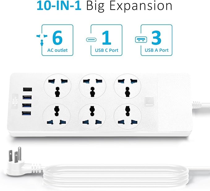 International Power Adapter with 6 Universal Outlet 4 USB Ports (1 USB C), Jumpso 6ft Travel Power Strip, EU UK to US Plug Adapter, 110-240v, 3000w Extension Cord for Home Office White