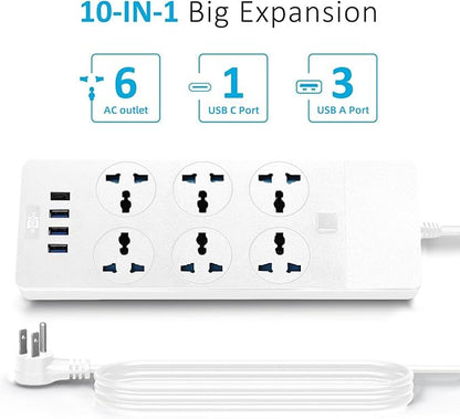 International Power Adapter with 6 Universal Outlet 4 USB Ports (1 USB C), Jumpso 6ft Travel Power Strip, EU UK to US Plug Adapter, 110-240v, 3000w Extension Cord for Home Office White