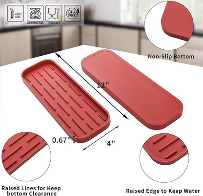 Silicone Kitchen Sink Organizer Tray for Multiple Usage,Eco-Friendly Sponges Holder for Kitchen Bathroom Counter or Sink,Dish Soap Dispenser,Scrubber,Bottle,Cup (Red, 12"×4")