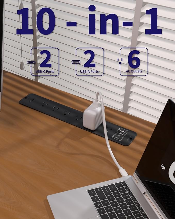 Recessed Power Strip Extension - 10 Outlet Surge Protector with 6 AC - 2 USB-A（18W） and 2 USB-C（PD20W） Ports - Flush Mount Desk Outlet with 6 Feet Cord - for Conference Table (Black)