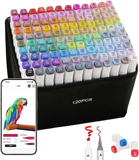 Alcohol Markers with APP, 120 Colors Dual Tip Art Marker for Adults Coloring Books, Alcohol Based Illustration Markers Set for Adult Artist Drawing Sketching Painting Lettering Cards