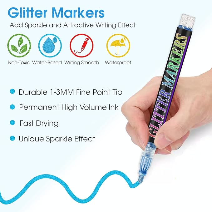 Glitter Marker Pens, 12 Colors Metallic Shimmer Glitter Markers Paint Pens, Glitter Art Marker for Kids Adults DIY Crafts Greeting Birthday Cards Making Poster Album Scrapbooking Wood