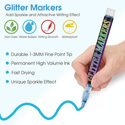 Glitter Marker Pens, 12 Colors Metallic Shimmer Glitter Markers Paint Pens, Glitter Art Marker for Kids Adults DIY Crafts Greeting Birthday Cards Making Poster Album Scrapbooking Wood