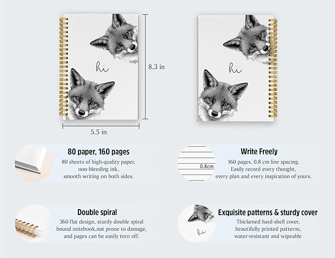 Fox Notebook Journal,Cute Animal Notebook Journal for School Women Teen Girls Kids,Gifts for Fox Lovers,Fox Gifts,Hardcover Spiral Notebooks for Work Notes Journaling,5.5x8.3 Inch