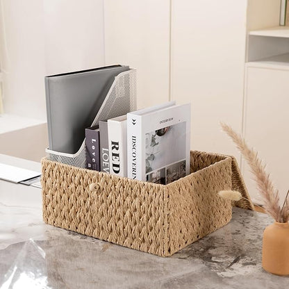 OIAHOMY Wicker Storage Basket with Lid & Lock, Lidded Storage Bins, Decorative Baskets for Organizing, Set of 2-Natural