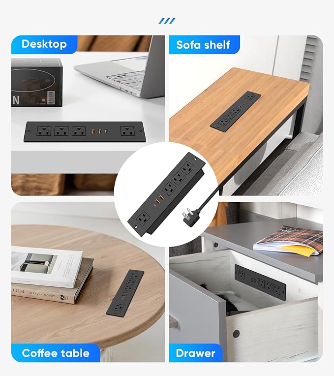 VILONG Flat Plug Recessed Power Strip with PD 20W USB-C, Flush Mounted Drawer Outlet, 4 AC Outlets & 3 USB Ports, Conference Desktop Built in Power Strip, 10FT Extension Cord(Black)