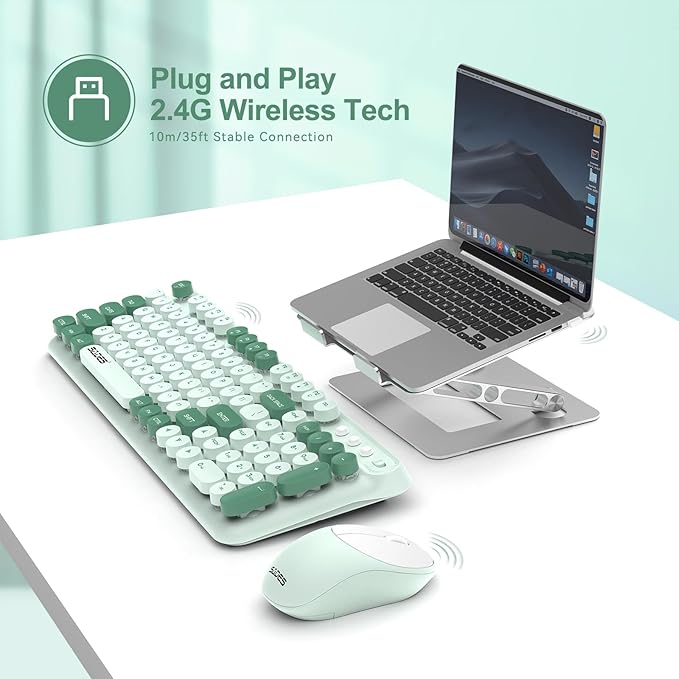 Wireless Keyboard and Mouse,Cute Retro Typewriter Computer Keyboard and Mouse Sets,Full Size 2.4G Cordless Colorful Round Keycaps Keyboard with Silent Mouse for PC Windows Laptop Office-Multi Green