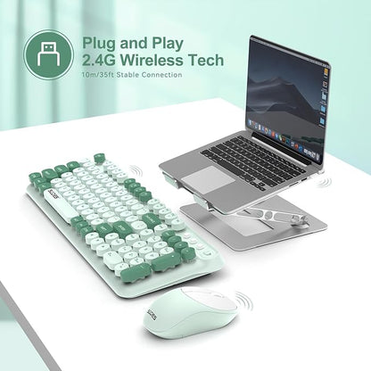 Wireless Keyboard and Mouse,Cute Retro Typewriter Computer Keyboard and Mouse Sets,Full Size 2.4G Cordless Colorful Round Keycaps Keyboard with Silent Mouse for PC Windows Laptop Office-Multi Green