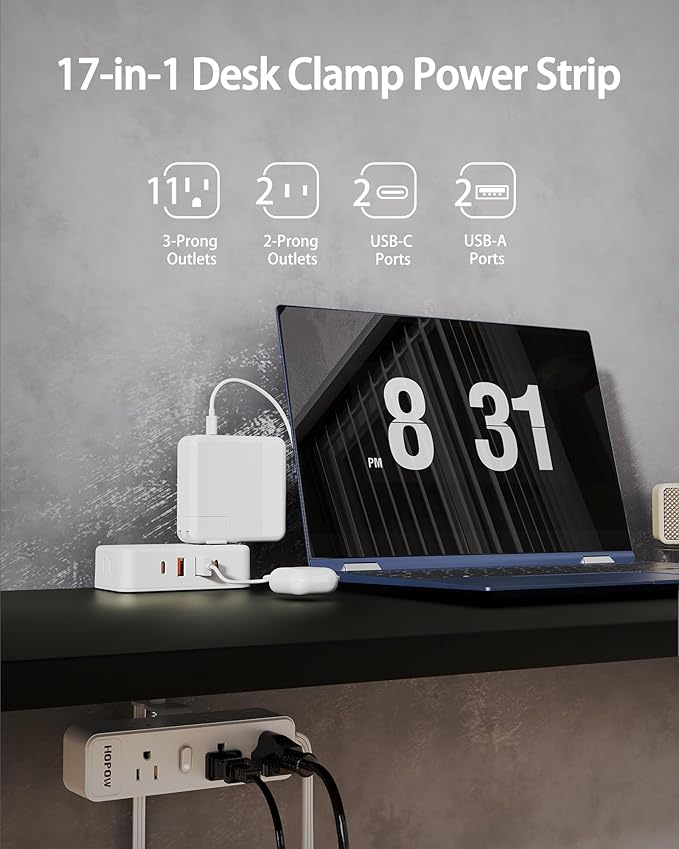 Dual Layer Desk Clamp Power Strip（White）, Desktop Edge Mount Charging Station with 13 Outlets 4 USB Ports (2 USB C), Under Desk Surge Protector(1700 Joules), 10 Ft Extension Cord for Office