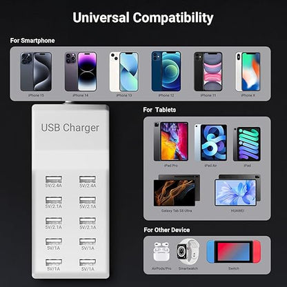 USB Charging Station 50w10A 10-Port Charger, Multiport Charger Hub, Compatible with iPhone, Galaxy, iPad Tablet, and Other Devices（White）