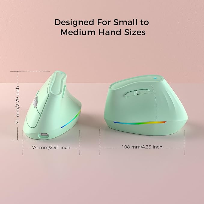 KYSONA 57° Wireless Ergonomic Mouse, Vertical Mouse, Carpal Tunnel Mouse, RGB Light, Rechargeable, Bluetooth & 2.4G, 5-Level DPI Adjustment, Quiet Click Ergo Mice Compatible with PC/Laptop/Mac, Green