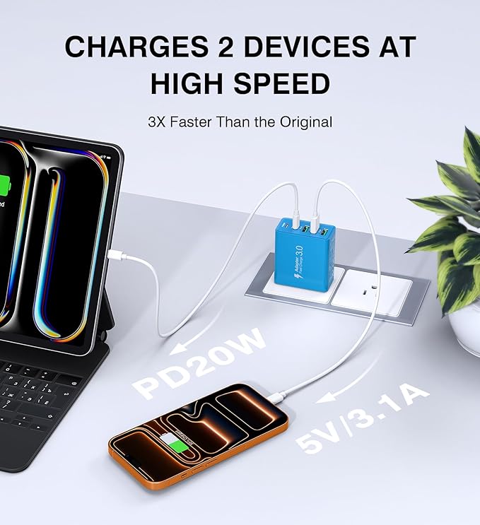 [2-Pack] USB C Wall Charger, 60W USB C Charger Block 5-Port PD Fast Charging Blocks,2USB C+3USB A Multiport Plug,Type C Power Adapter Brick Cube for iPhone17/16/15/14/Pro,iPad,Samsung,for Switch（Blue）