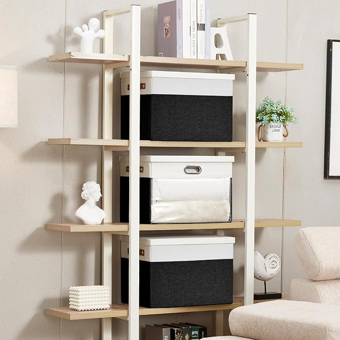 Fabric Clear Window Storage Bins with Lid, Closet Storage Box Linen Closet Baskets with 3 Handles for Organizing Clothing, Jeans, Shelves 17''- 3 Pack (Black and White)