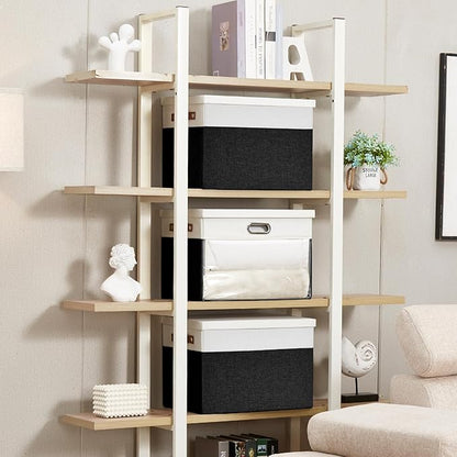 Fabric Clear Window Storage Bins with Lid, Closet Storage Box Linen Closet Baskets with 3 Handles for Organizing Clothing, Jeans, Shelves 17''- 3 Pack (Black and White)