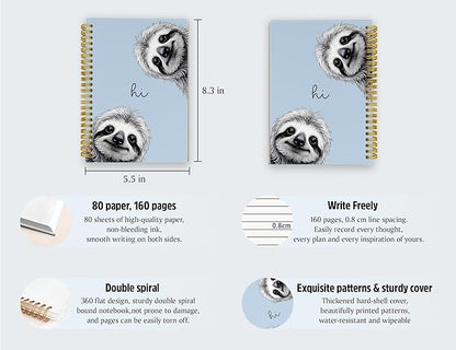 Sloth Notebook Journal,Blue Cute Animal Notebook Journal for School Women Teen Girls Kids,Gifts for Sloth Lovers,Hardcover Spiral Notebooks for Work Notes Journaling,5.5x8.3 Inch