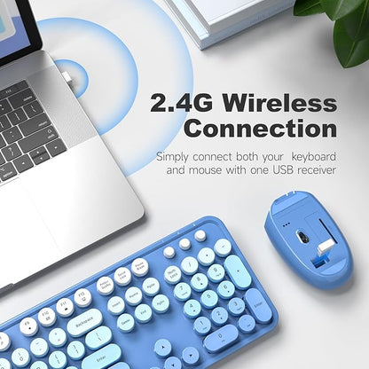 Wireless Keyboard and Mouse Combo, MOWUX Full Size Typewriter Retro Round Computer Keyboard, Cute Optical Mouse Wireless, Plug and Play, for Laptop, PC, Computer-Blue Gradient
