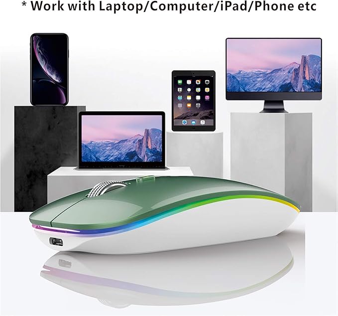 TENMOS Wireless Bluetooth Mouse, LED Slim (Bluetooth 5.1 + USB) 2.4GHz Rechargeable Silent Bluetooth Wireless Mouse for Laptop/MacBook/iPad OS 13 and Above (Blackish Green)