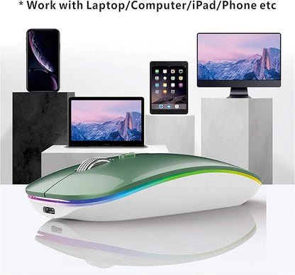 TENMOS Wireless Bluetooth Mouse, LED Slim (Bluetooth 5.1 + USB) 2.4GHz Rechargeable Silent Bluetooth Wireless Mouse for Laptop/MacBook/iPad OS 13 and Above (Blackish Green)