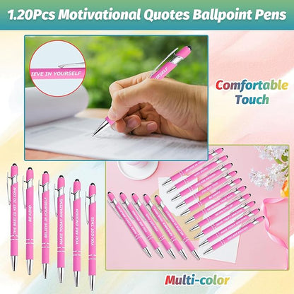 60 Piece Inspirational Pens Kit with Stylus Tip & Sayings – 30 Motivational Pen + 30 Individual Bags – Uplifting Quote & Positive Ideas – For Teachers, Office, School, Meetings, Team Events(Pink)
