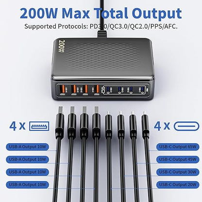 USB C Charger Block, 200W GaN 8 Port USBC Charging Station USB Hub Block Cube with PD3.0 Type C & USB A Wall Charger Power Adapter for Multiple Devices Apple iPhone 17/16/15,MacBook Pro/Air,iPad-Black