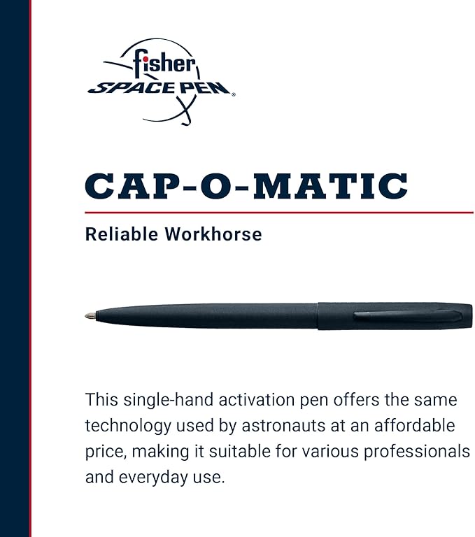 Fisher Space Pen Cap-O-Matic Pen, Ballpoint, Elite Navy, Cerakote Finish, Pocket Clip, Black Ink