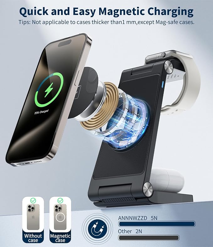 Magnetic Wireless Mag-Safe Charging Station, 3 in 1 Fast Max Charging for iPhone 16 15 14 13 12 Pro Max Plus, Apple Watch, Air Pods Pro - Space-Saving Multi-Device Stand (Black)