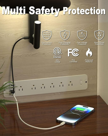 Recessed Power Strip Extension - 10 Outlet Surge Protector with 6 AC - 2 USB-A（18W） and 2 USB-C（PD20W） Ports - Flush Mount Desk Outlet with 6 Feet Cord - for Conference Table (White)