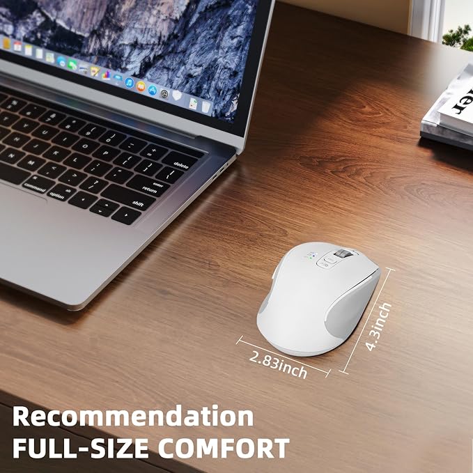 Wireless Mouse with Bluetooth, USB-A, USB-C Receiver, Rechargeable, Full Size Mouse, Silent, Portable, Ergonomic, for MacBook/Laptop/Computer/PC/iPad (White)