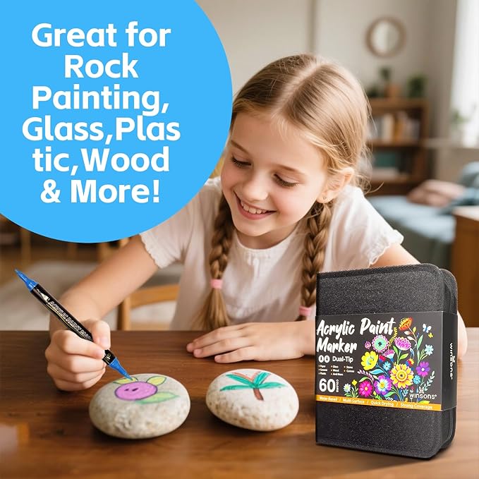 WINSONS 60 Colors Acrylic Paint Markers, Dual Tip with Fine Tip and Brush Tip Pens for Rock Painting Supplies, Canvas, Wood, Calligraphy, Metal, Ceramic, Glass, DIY Crafts Art Supplies Kit