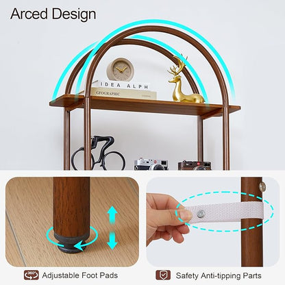 71" Tall Fluted Arched Bookshelf with Doors, Mid Century Modern Metal Bookcase Cabinet with Storage, 4-Tier Industrial Organizer Rack Storage Shelves for Home Office, Living Room (Walnut)