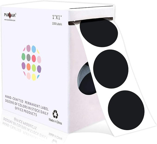 PARLAIM 1” Round Permanent Adhesive Color-Code Dot Stickers,1000 per Roll dots Label Dispenser Box,Black Circle Stickers Label for Office Classroom