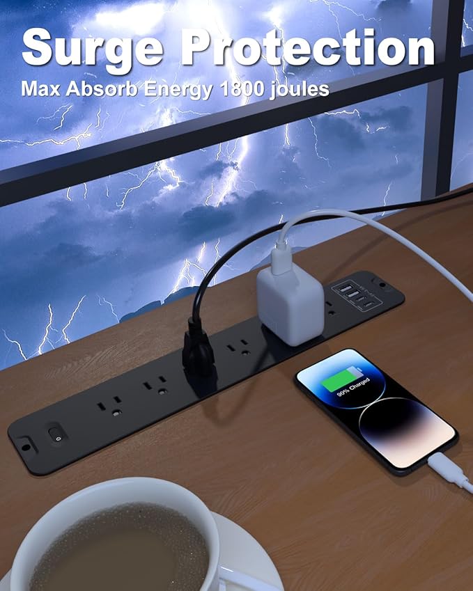 Recessed Power Strip Extension - 10 Outlet Surge Protector with 6 AC - 2 USB-A（18W） and 2 USB-C（PD20W） Ports - Flush Mount Desk Outlet with 6 Feet Cord - for Conference Table (Black)