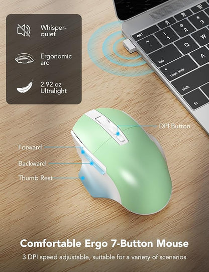 SABLUTE Wireless Keyboard and Mouse Combo, Ergonomic Wave Keys, Cushioned Plam Rest, Comfortable Silent Natural Typing, 2.4G Lag-Free, Full Size Keyboards Cordless Set for Multi-OS, Windows/Mac, Green